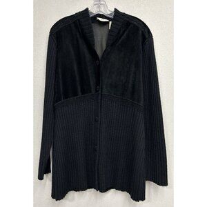 J Jill Long Sweater Jacket Leather Wool Blend Black Zip Up Ribbed Knit Size L